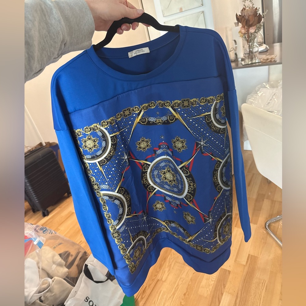 Versace Blue and Gold Patterned Turtleneck Sweater